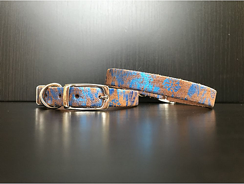 Brown with Blue Metallic Flowers - Leather Dog Collar - Size S